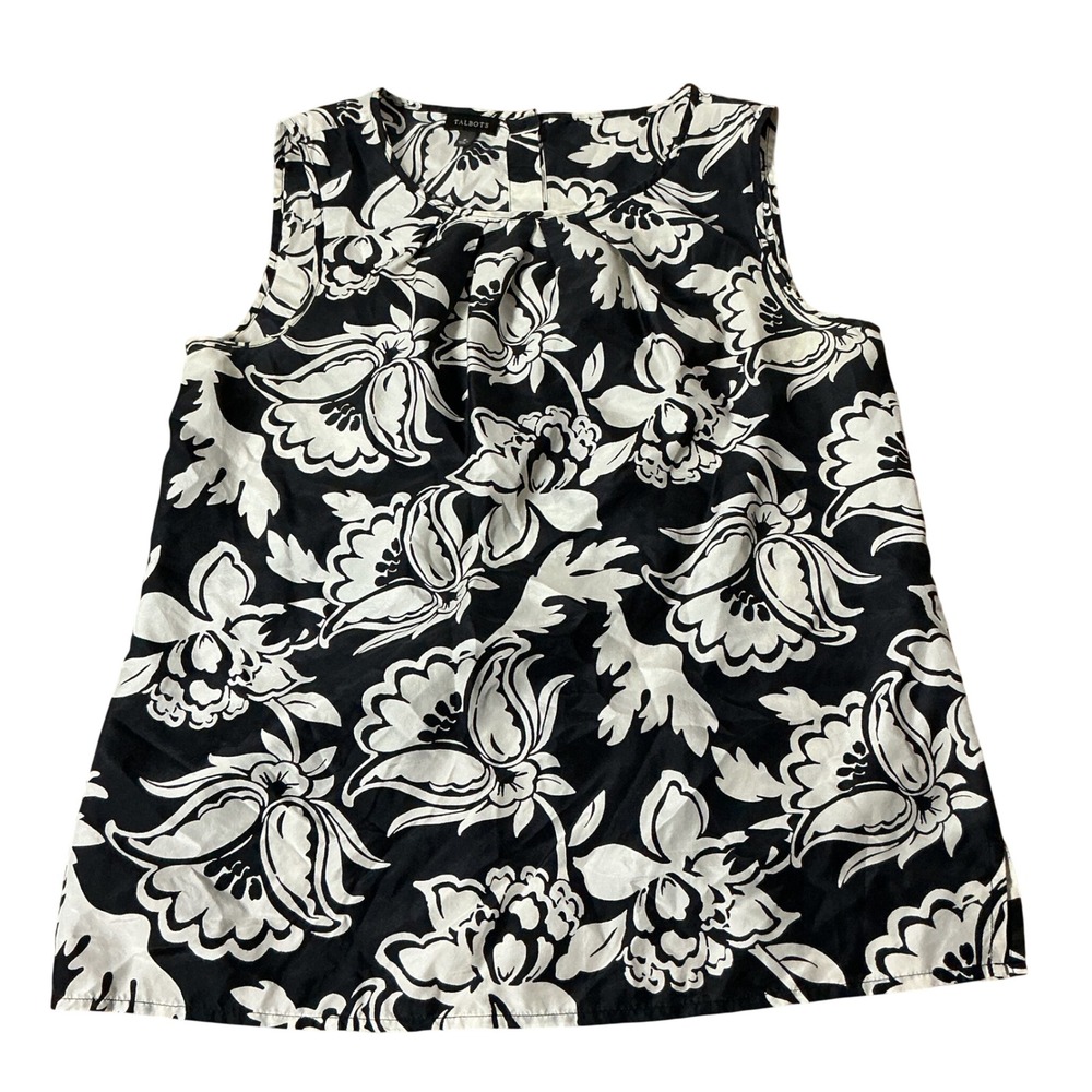Talbots Floral Silk Old Money Blouse Women 8 Black White Button Back Luxury